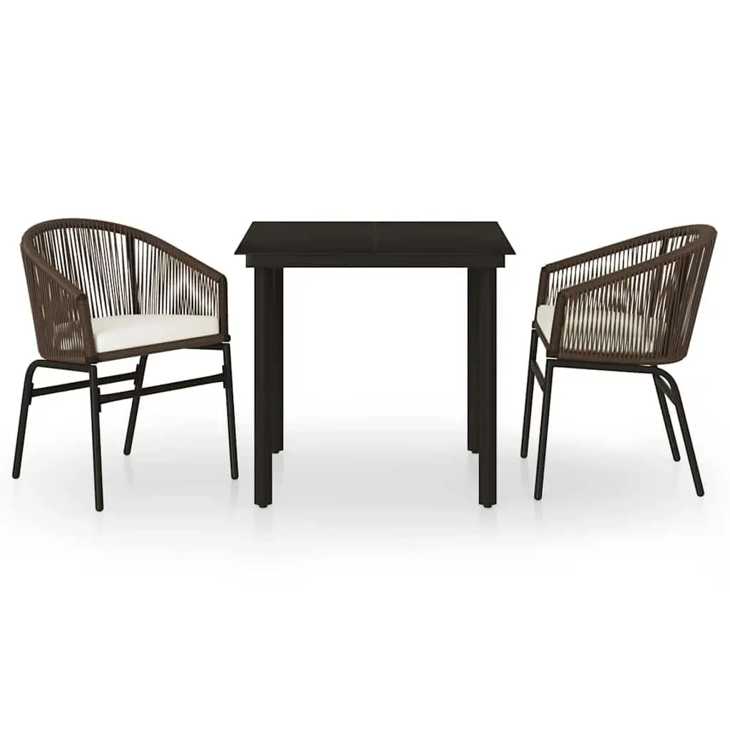 3 Piece Garden Dining Set Brown Steel Frame Glass Top