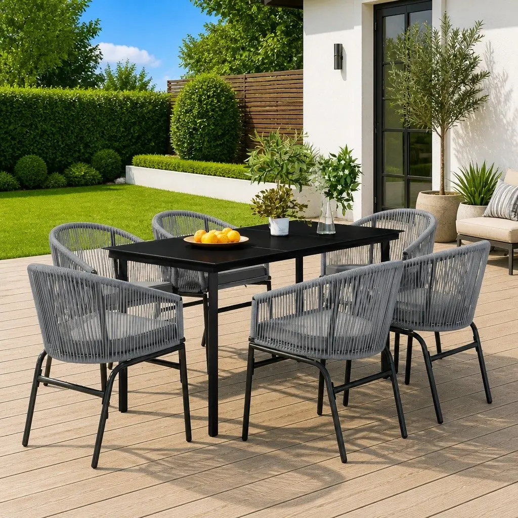 7 Piece Garden Dining Set Grey Powder Coated Steel Frame Glass Table