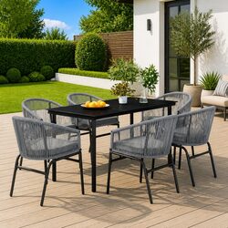 7 Piece Garden Dining Set Grey Outdoor Patio Furniture Steel Frame Glass Table