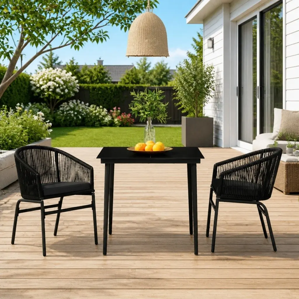 3 Piece Garden Dining Set Black Outdoor Furniture Glass Table Weather Resistant Chairs