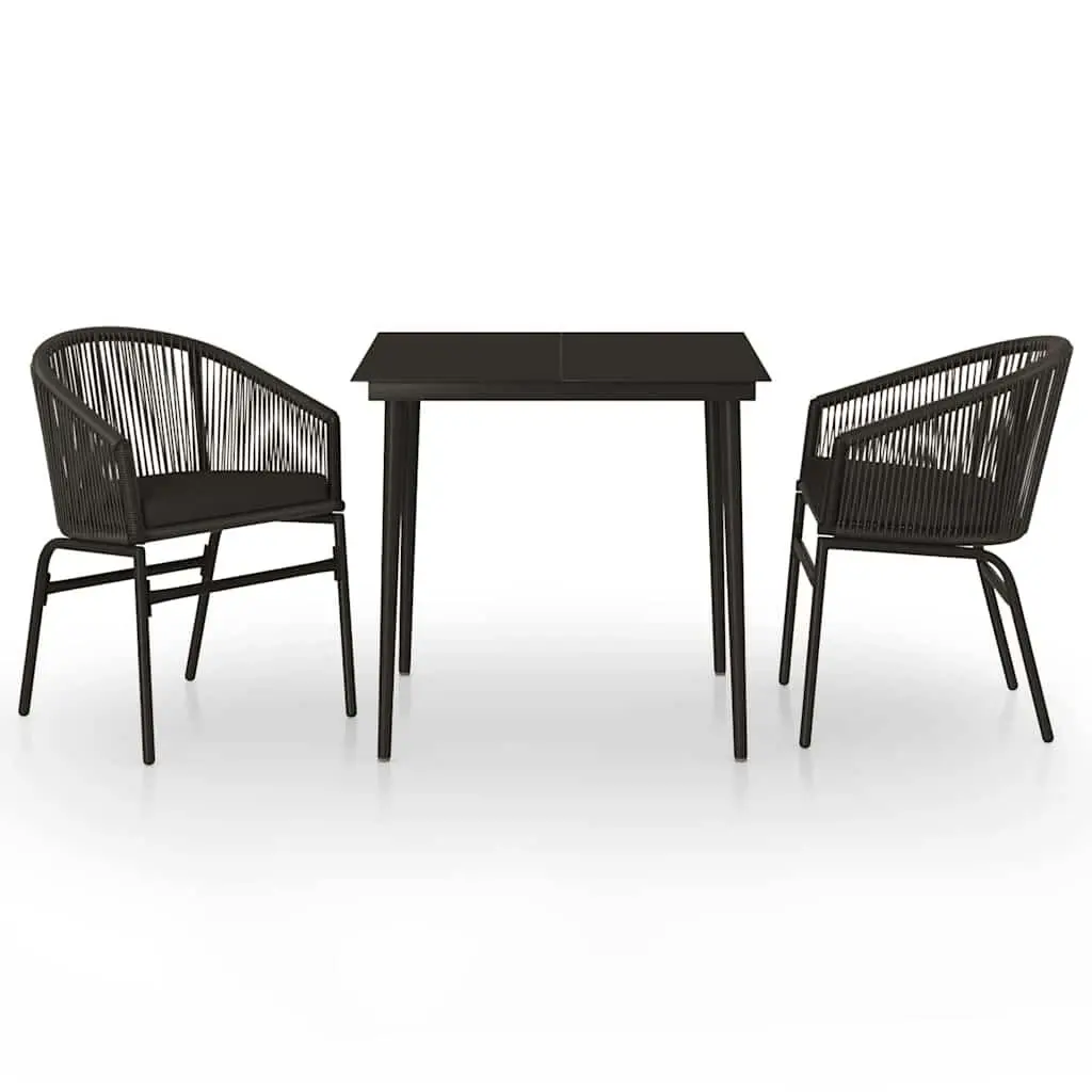 3 Piece Garden Dining Set Black Outdoor Furniture Glass Table Weather Resistant Chairs
