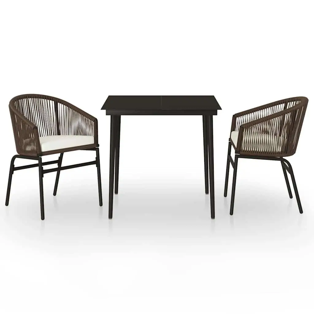 Garden Dining Set 3 Piece Brown Glass Table Rattan Chairs