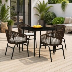 5 Piece Garden Dining Set Brown Outdoor Patio Furniture Steel Glass Rattan