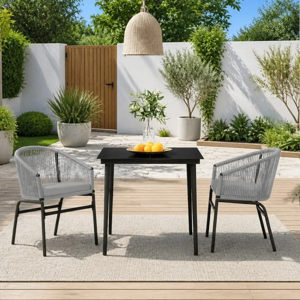 3 Piece Garden Dining Set Grey Steel Frame Glass Table Rattan Chairs