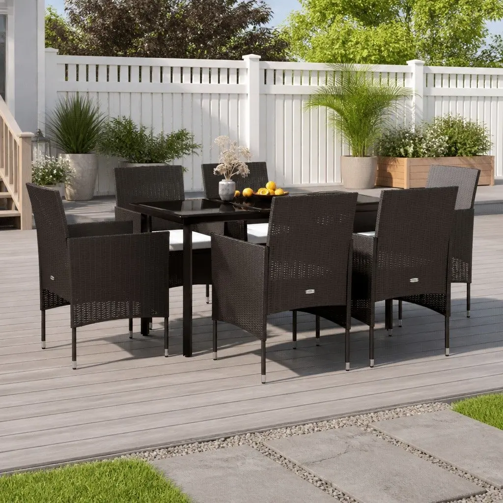 7 Piece Garden Dining Set Black Outdoor Patio Furniture with Cushions Glass Top
