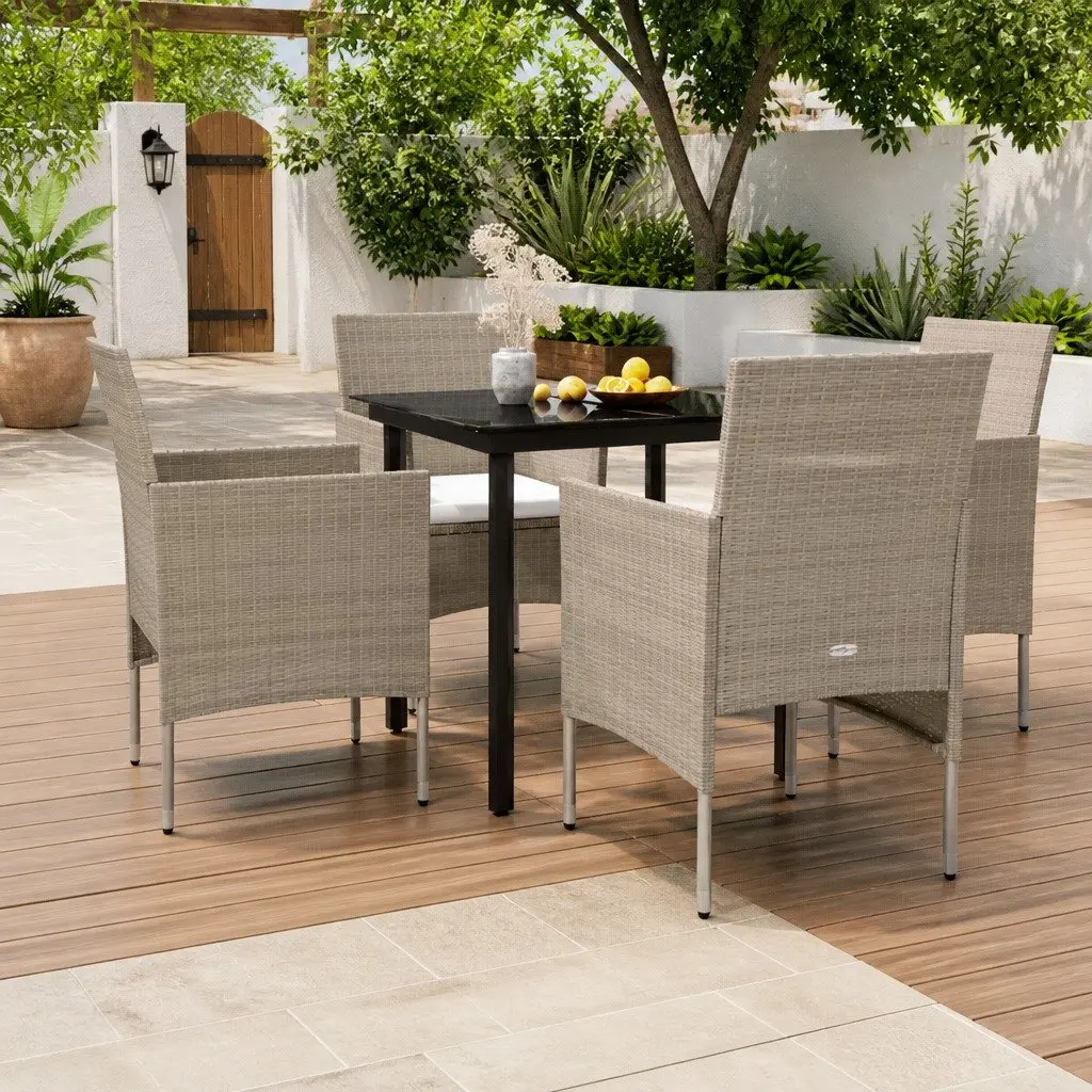 Garden Dining Set 5 Piece Outdoor Furniture Powder-coated Steel Frames Water-resistant PE Rattan Chairs Glass Tabletop Beige Black