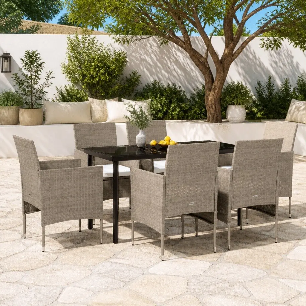 Outdoor Garden Dining Set 7 Piece Powder-Coated Steel Frame Water-Resistant PE Rattan Chairs Glass Tabletop