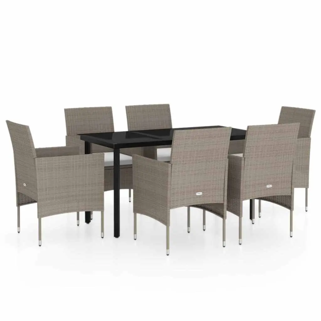 Outdoor Garden Dining Set 7 Piece Powder-Coated Steel Frame Water-Resistant PE Rattan Chairs Glass Tabletop