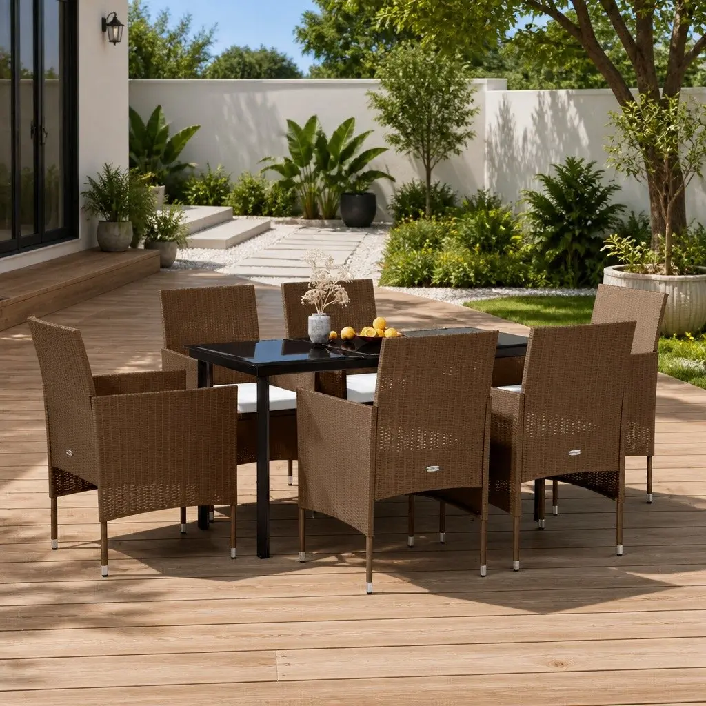 7 Piece Garden Dining Set Outdoor Furniture Cushioned Table Chairs Brown Black