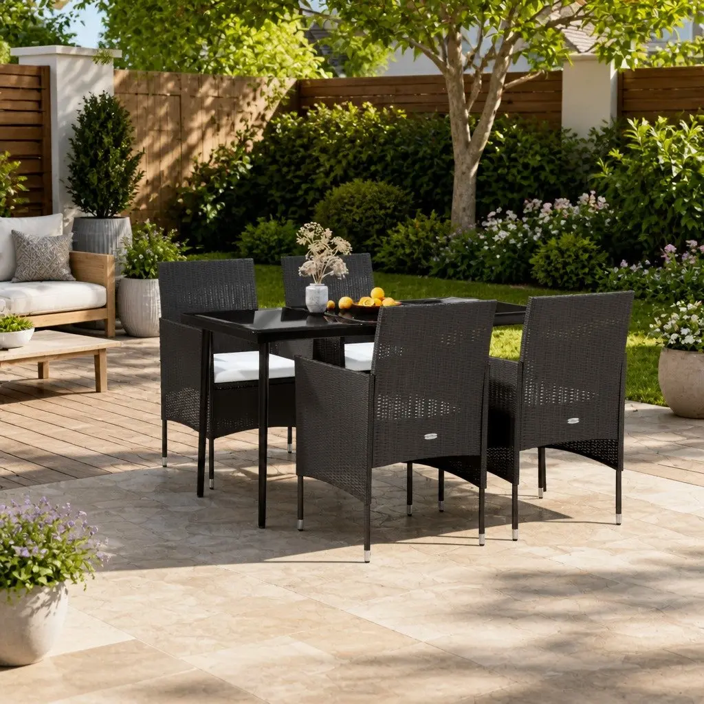 5 Piece Outdoor Garden Dining Set Black Cushioned Chairs Glass Top