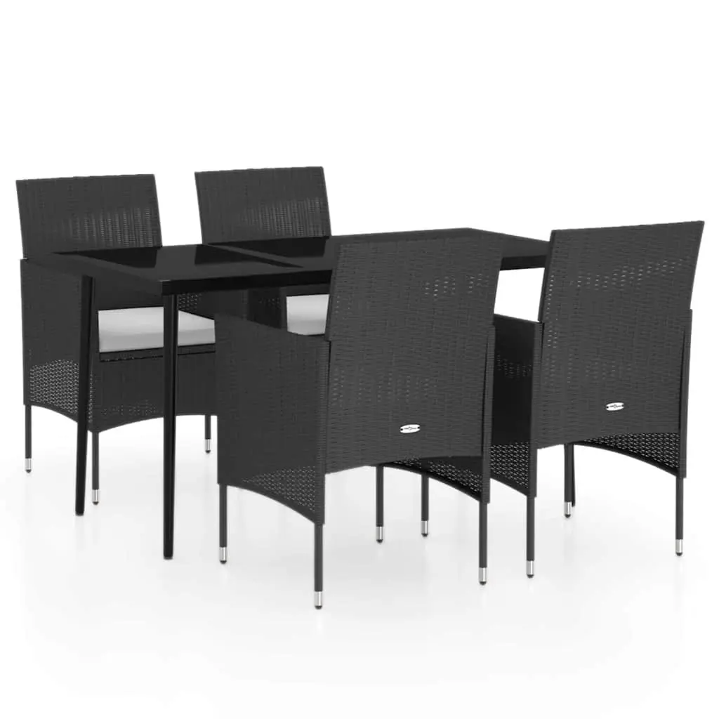5 Piece Outdoor Garden Dining Set Black Cushioned Chairs Glass Top