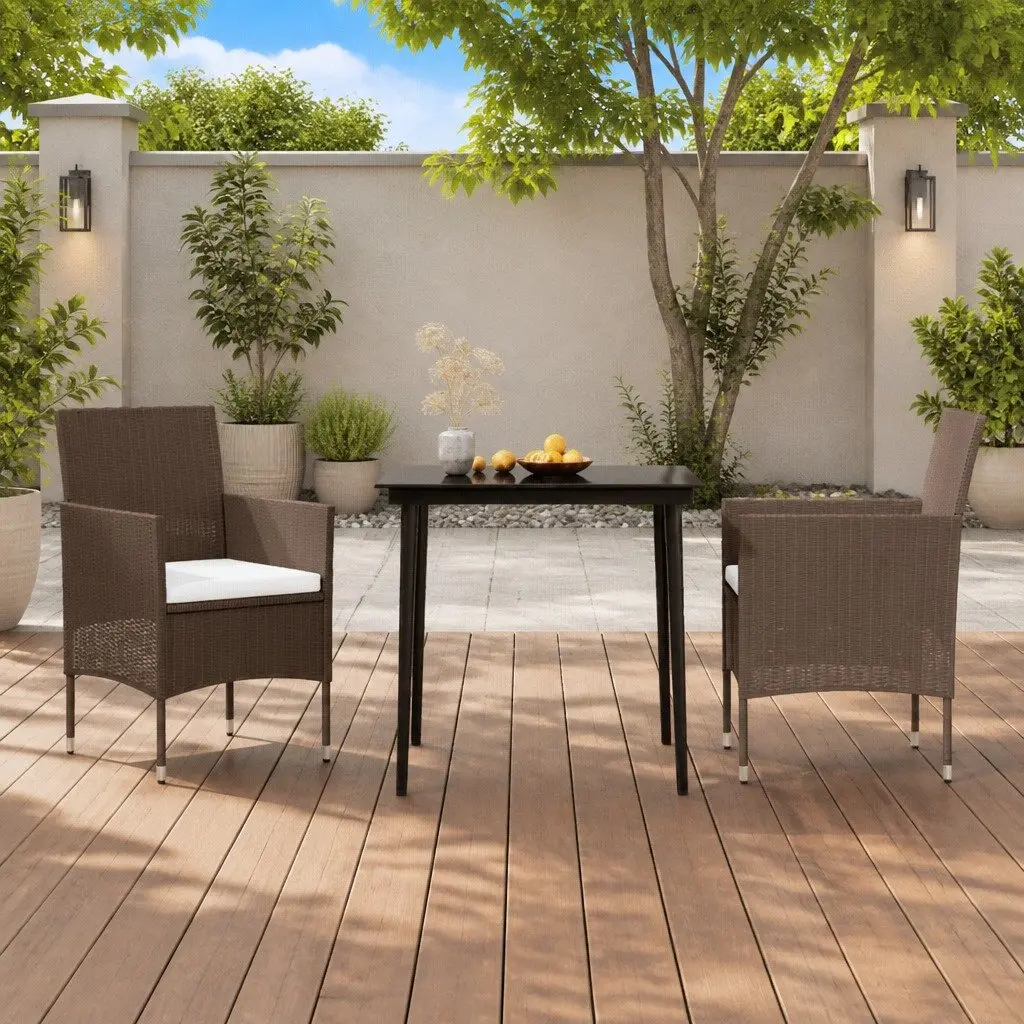 Outdoor Furniture Set Brown Cushioned Rattan Chairs and Glass Table 3 Piece