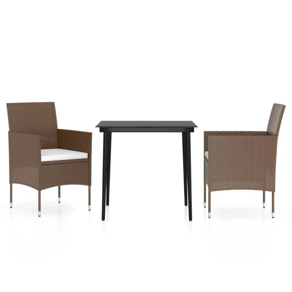 Outdoor Furniture Set Brown Cushioned Rattan Chairs and Glass Table 3 Piece