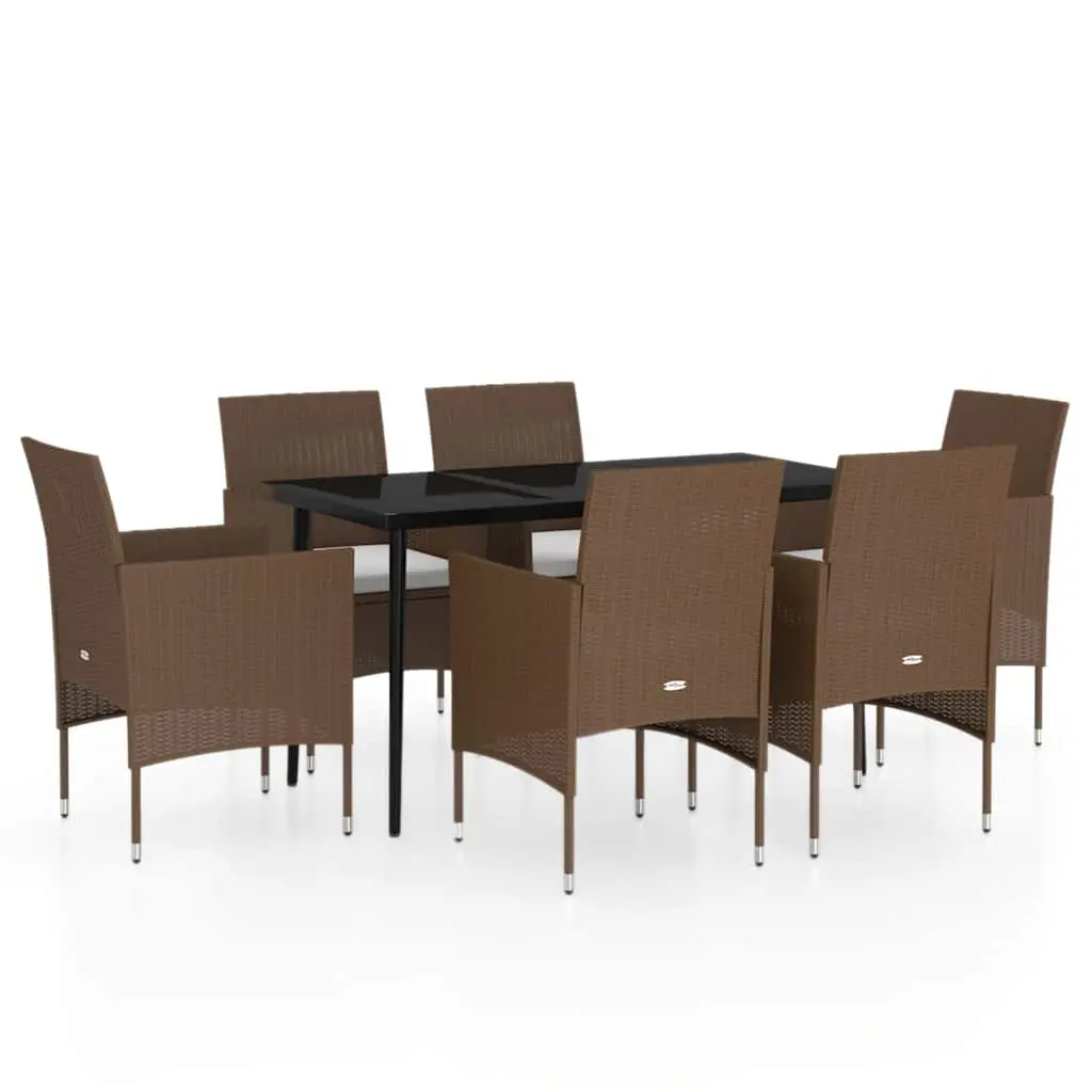 Outdoor Dining Set 7 Piece Brown Rattan Chairs with Cushions and Glass Table