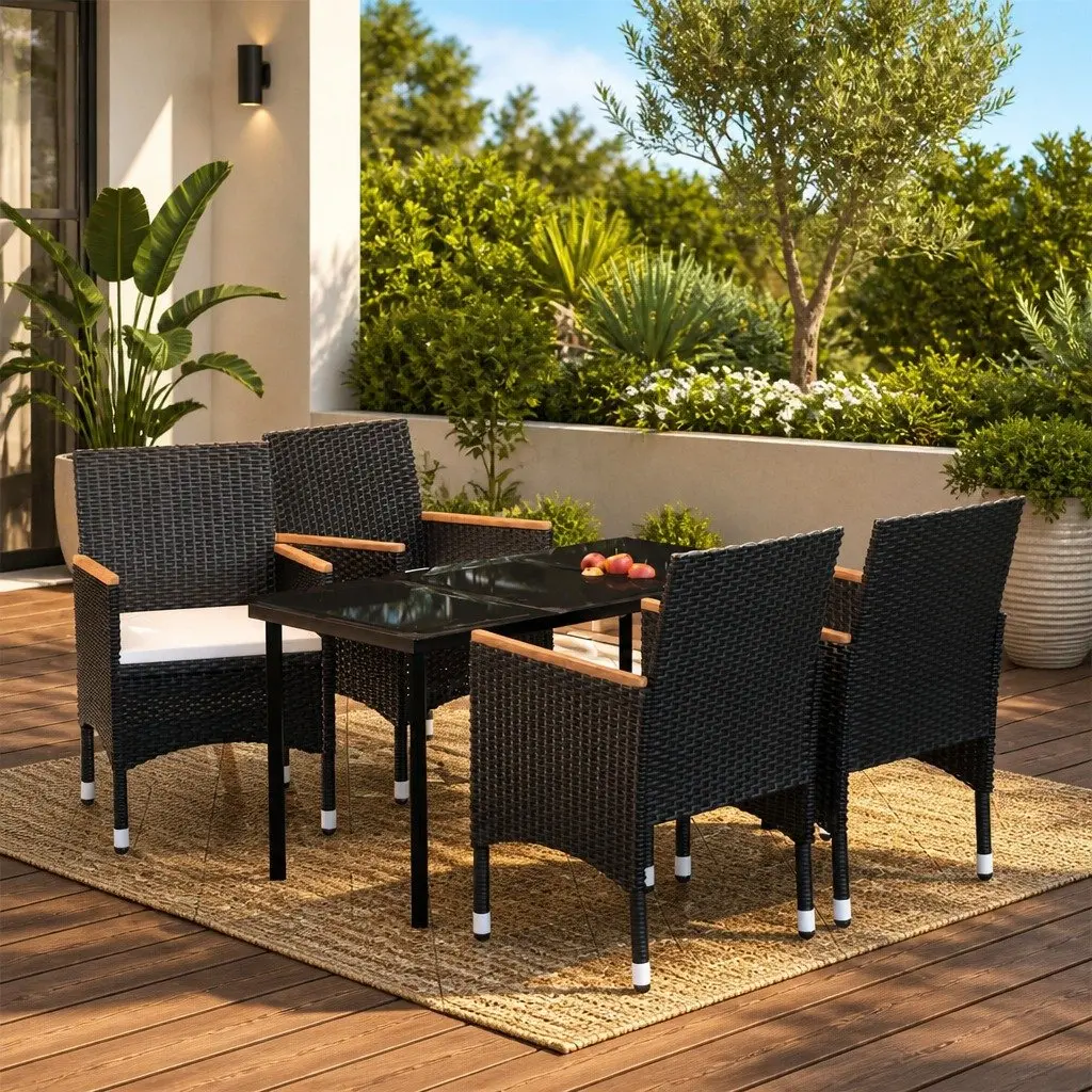 Outdoor Dining Set Black Glass Table Rattan Chairs with Cushions 5 Piece