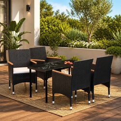 Outdoor Dining Set 5 Piece Black Glass Table Rattan Chairs with Cushions Patio