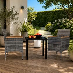 3 Piece Outdoor Dining Set Glass Table PE Rattan Chairs Cushions Grey Black