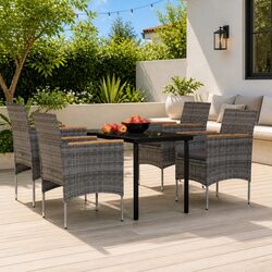 5 Piece Outdoor Dining Set Glass Table Rattan Chairs with Cushions Grey