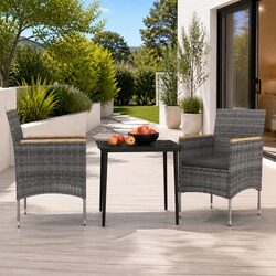 3 Piece Outdoor Dining Set Glass Top Table Rattan Chairs Cushions Grey