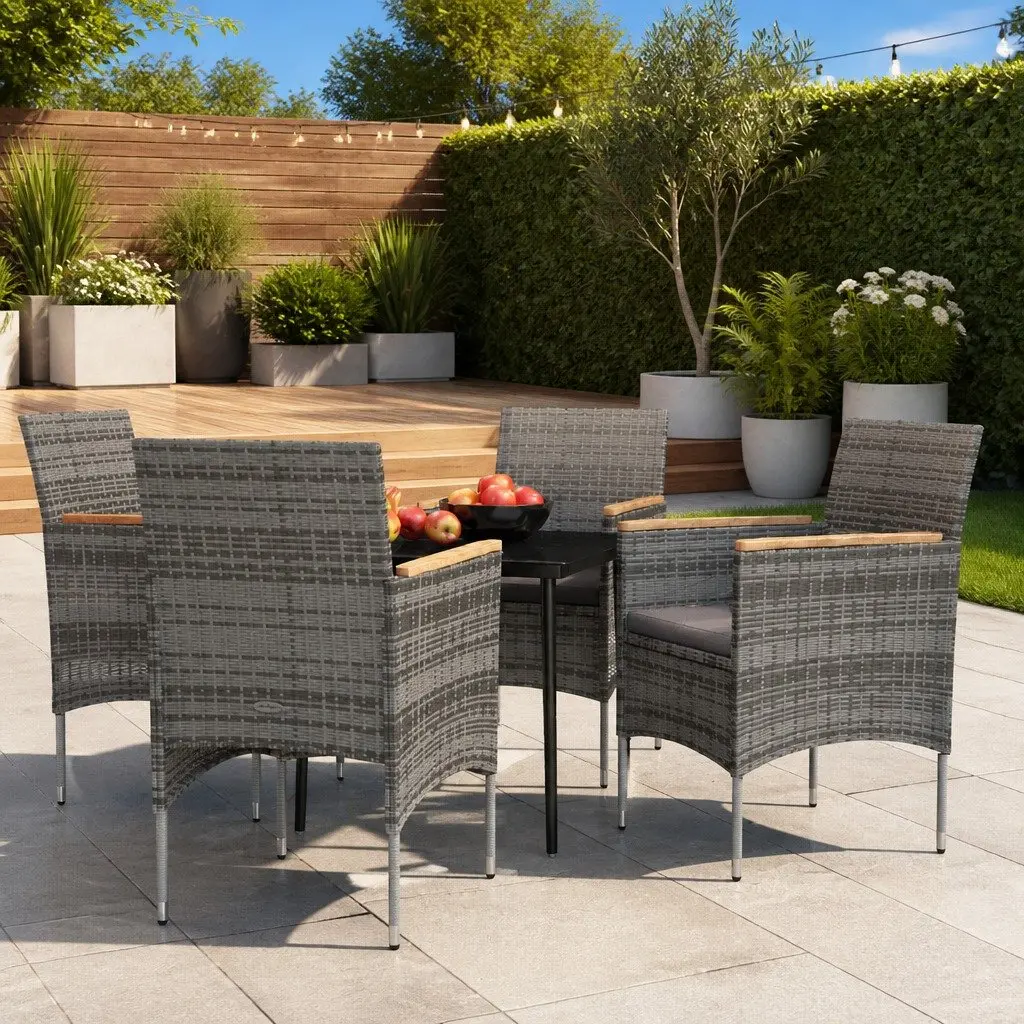 5 Piece Grey Rattan Chairs with Glass Table Outdoor Dining Set for Patio