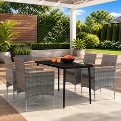 Outdoor Dining Set 5 Piece Grey Table Chairs Glass Top Steel Frame PE Rattan