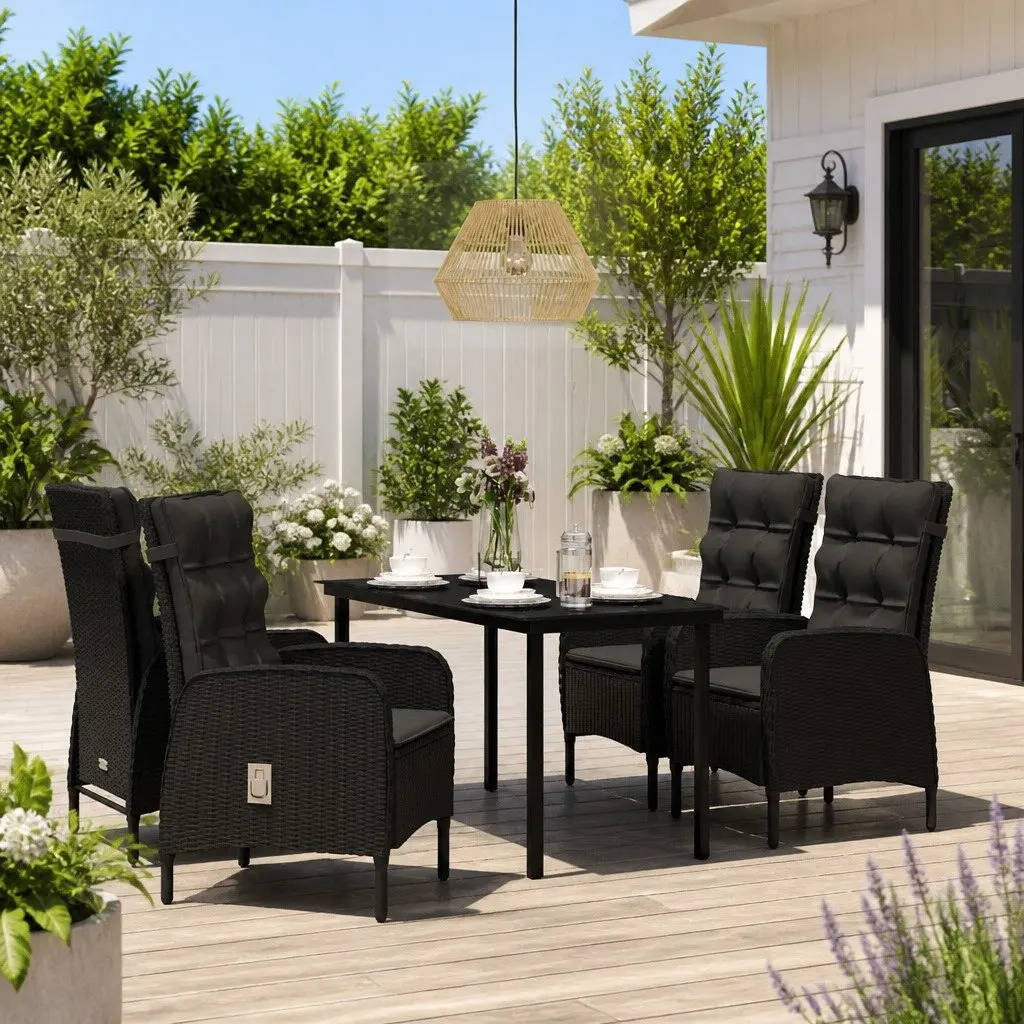 Outdoor Dining Set 5 Piece Garden Furniture Black Steel Rattan Chairs Glass