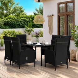 Outdoor Garden Dining Set 7 Piece Black Rattan Chairs Glass Table Patio