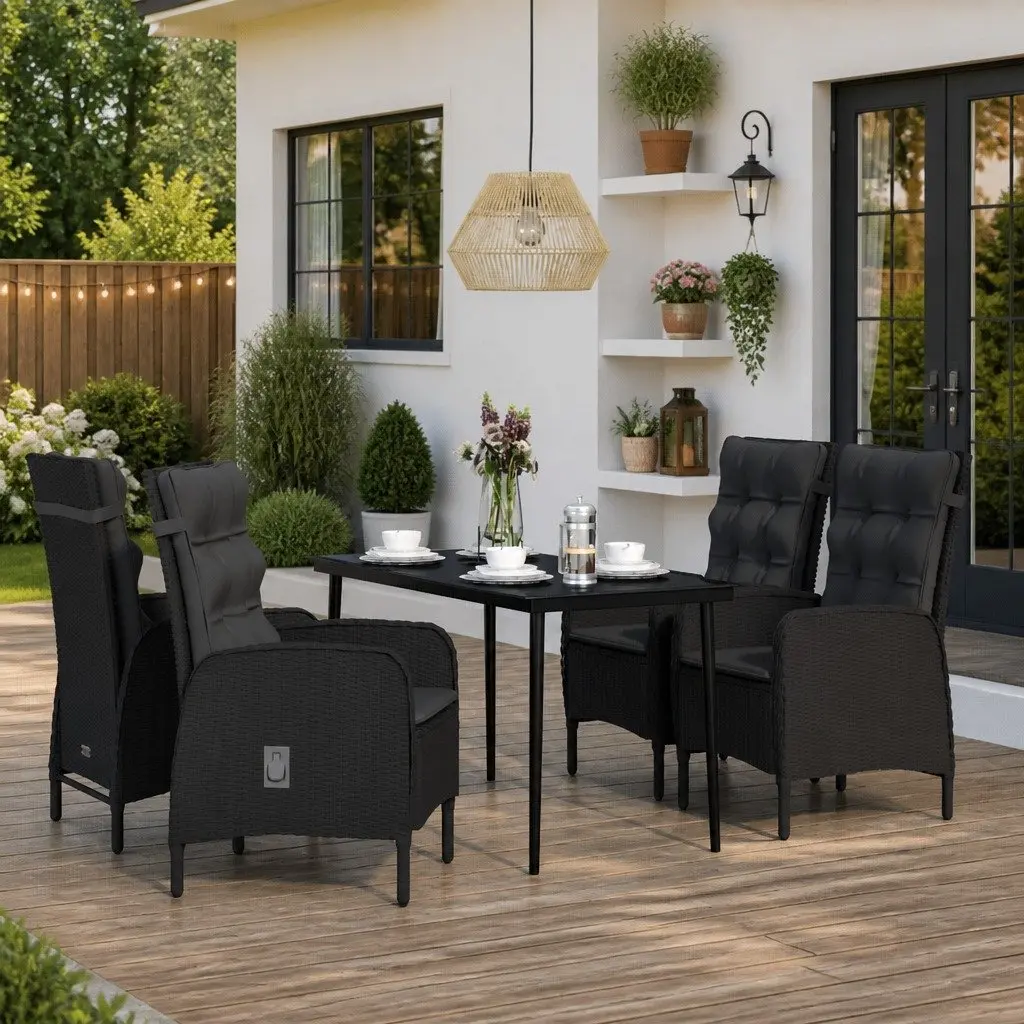 Outdoor Dining Set 5 Piece Black Steel Rattan Garden Furniture with Cushions