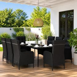 Garden Dining Set 9 Piece Outdoor Furniture Black Glass Table Chairs Cushions
