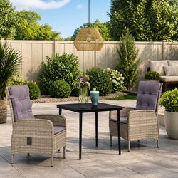 Outdoor Dining Set 3 Piece Grey Black Steel Rattan Chairs Glass Table