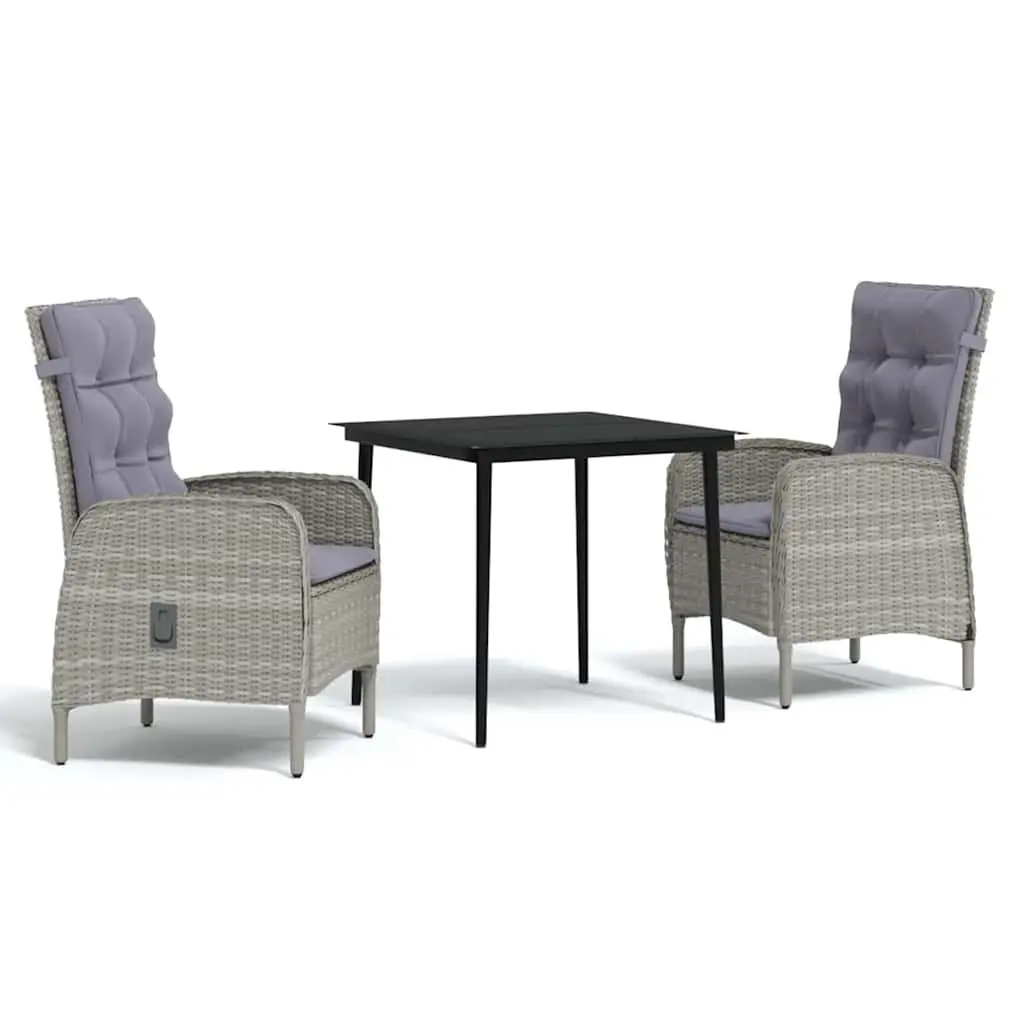 Outdoor Dining Set 3 Piece Grey Black Steel Rattan Chairs Glass Table