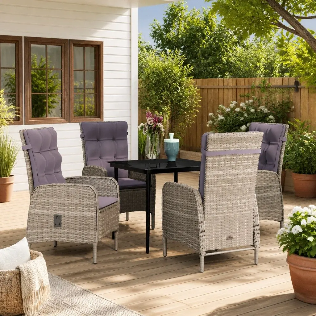Outdoor Dining Set 5 Piece Grey Rattan Chairs with Cushions Glass Table