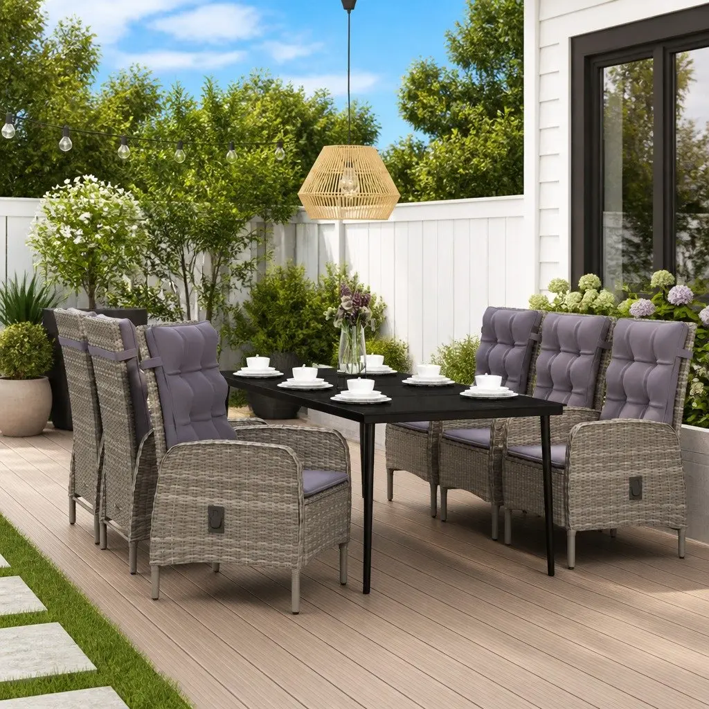 Garden Dining Set 7 Piece Outdoor Furniture Grey Black PE Rattan Chairs Powder Coated Steel Frame Glass Table