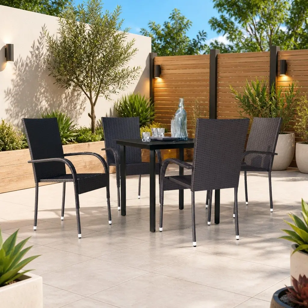 5 Piece Black Rattan Chair Outdoor Dining Set with Steel Frame and Glass Top Table