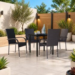 Outdoor Dining Set 5 Piece Black Steel Frame Glass Top Rattan Chairs Table