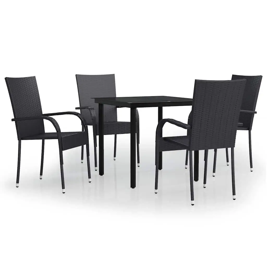 5 Piece Black Rattan Chair Outdoor Dining Set with Steel Frame and Glass Top Table