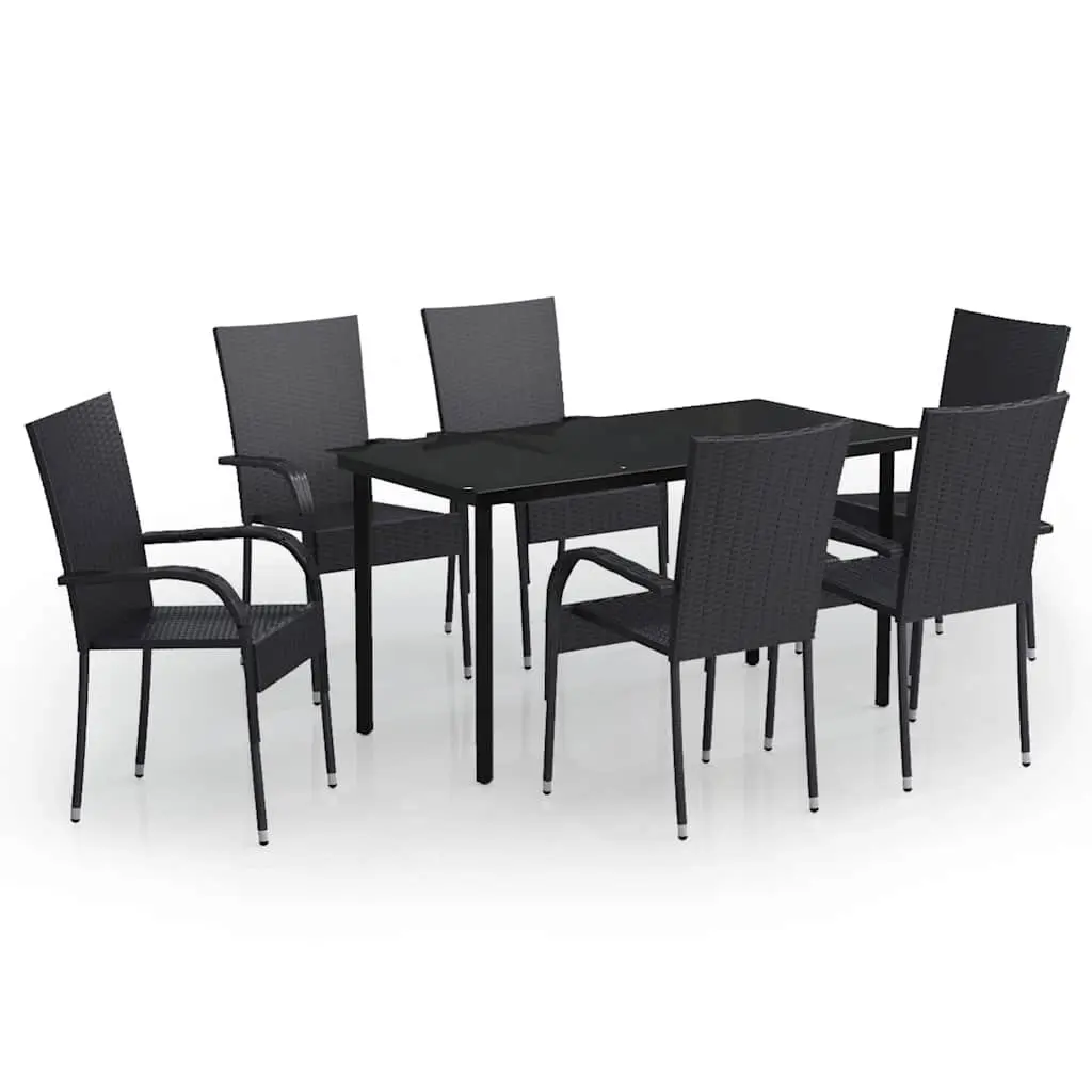 Outdoor Dining Set Black Rattan Chairs Glass Table 7 Piece