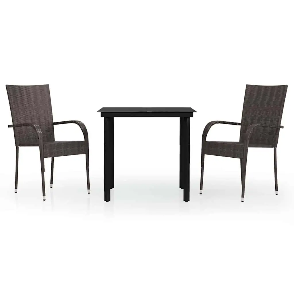 Outdoor Dining Set Rattan Chairs Glass Top Table Black Brown Steel Frame 3 Piece