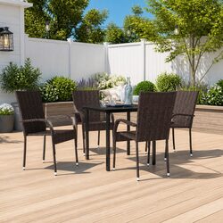 5 Piece Outdoor Dining Set Glass Table Steel Frame PE Rattan Chairs Brown