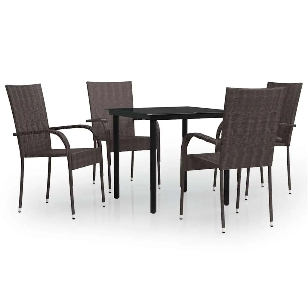 5 Piece Outdoor Dining Set Glass Table Steel Frame PE Rattan Chairs Brown