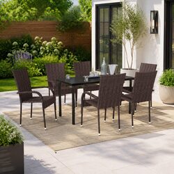 Outdoor Dining Set 7 Piece Glass Table Rattan Chairs Garden Furniture Brown