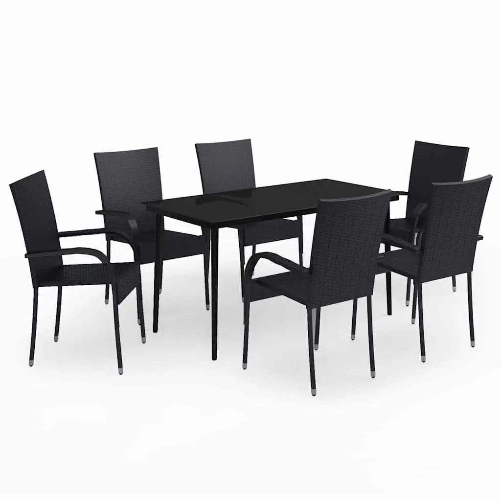 Outdoor Furniture Set 7 Piece Black Powder Coated Steel Table with Glass Top and Water Resistant Rattan Chairs