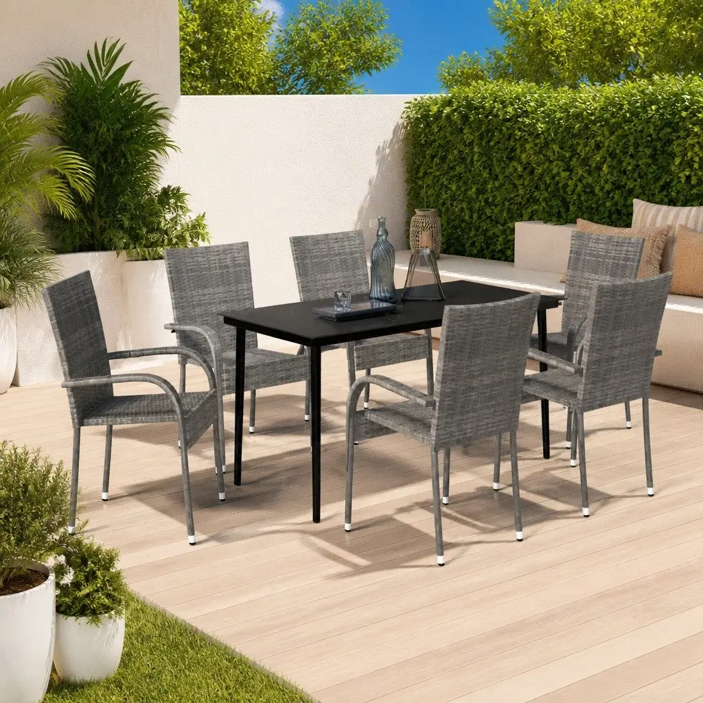 Outdoor Garden Dining Set 7 Piece Grey Black Steel Rattan Chairs Glass Table