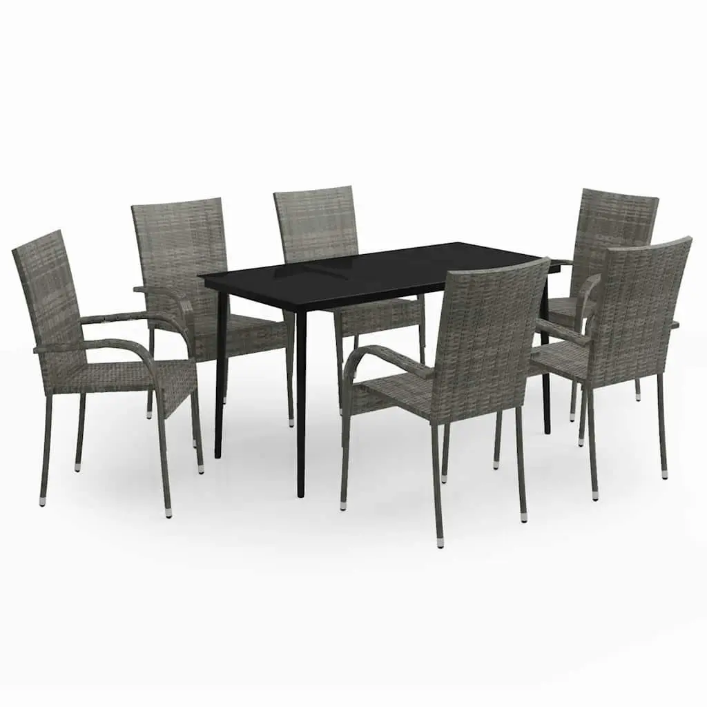 Outdoor Garden Dining Set 7 Piece Grey Black Steel Rattan Chairs Glass Table