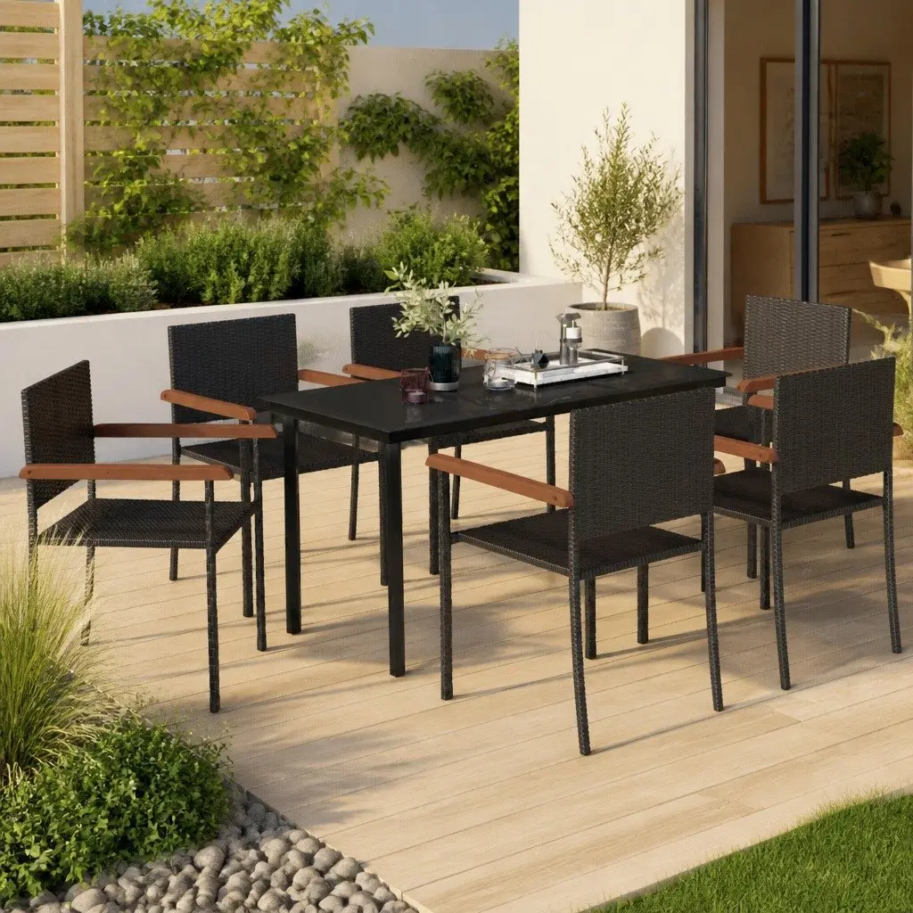 7 Piece Outdoor Dining Set Black Rattan Garden Furniture Table Chairs