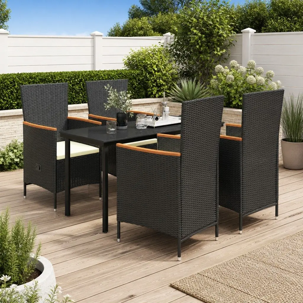 5 Piece Outdoor Dining Set Rattan Chairs with Adjustable Backrest Glass Table Black Steel Frame