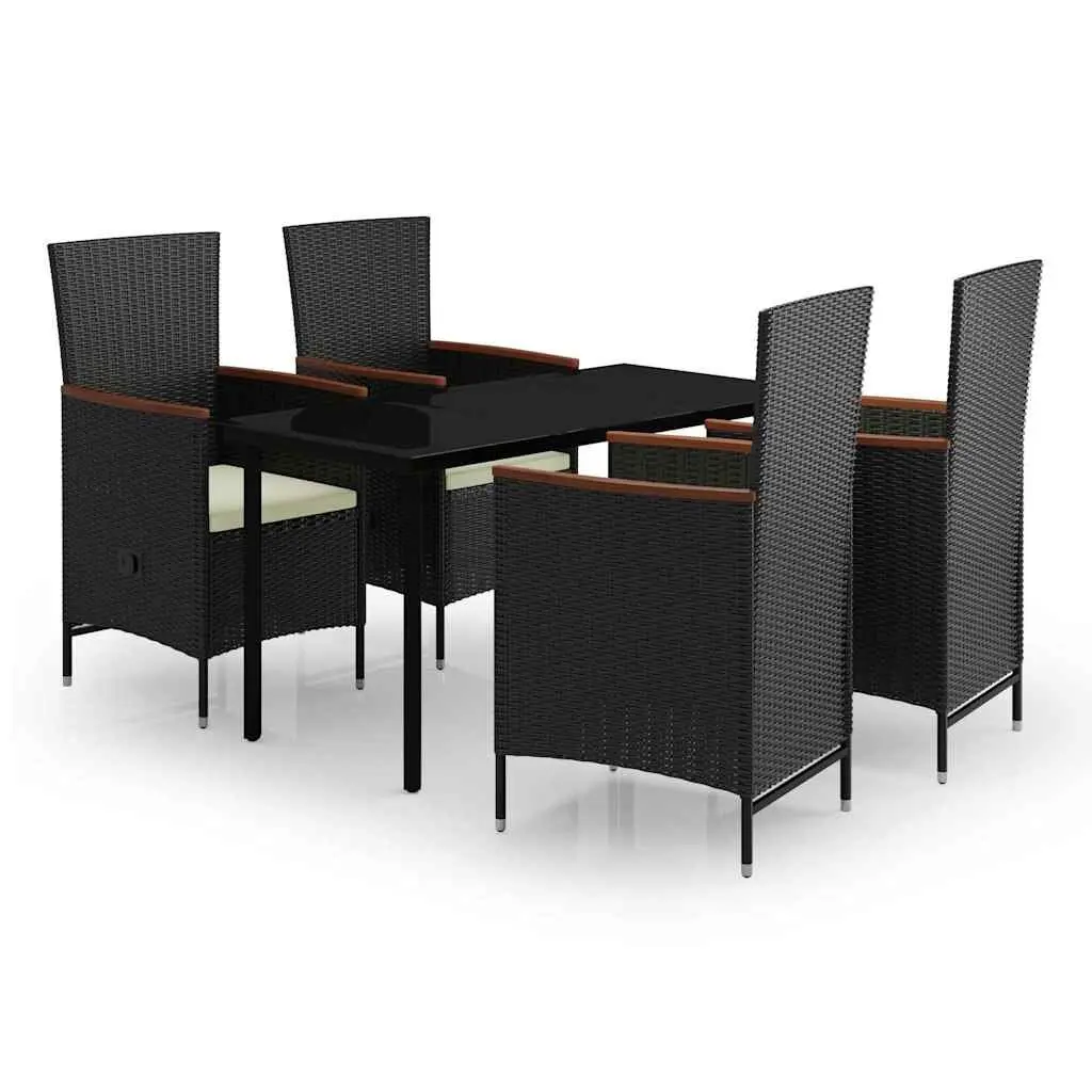 5 Piece Outdoor Dining Set Rattan Chairs with Adjustable Backrest Glass Table Black Steel Frame