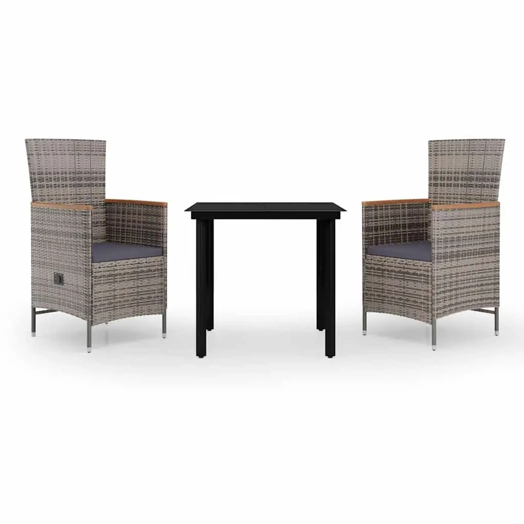 Garden Dining Set 3 Piece Outdoor Furniture Grey Powder-coated Steel Frames Water-resistant PE Rattan Cushions Glass Tabletop