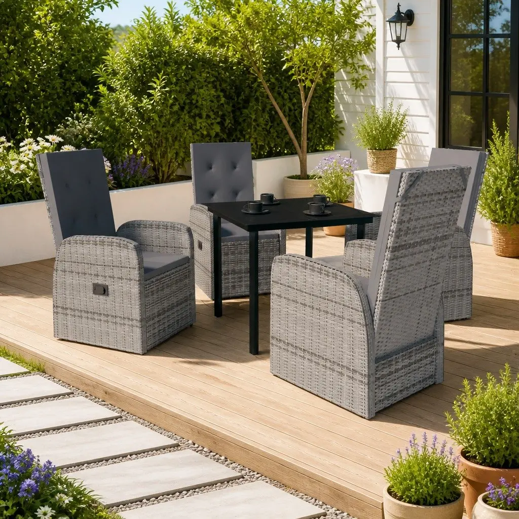 Garden Dining Set 5 Piece Outdoor Patio Furniture Grey Glass Table with Cushions