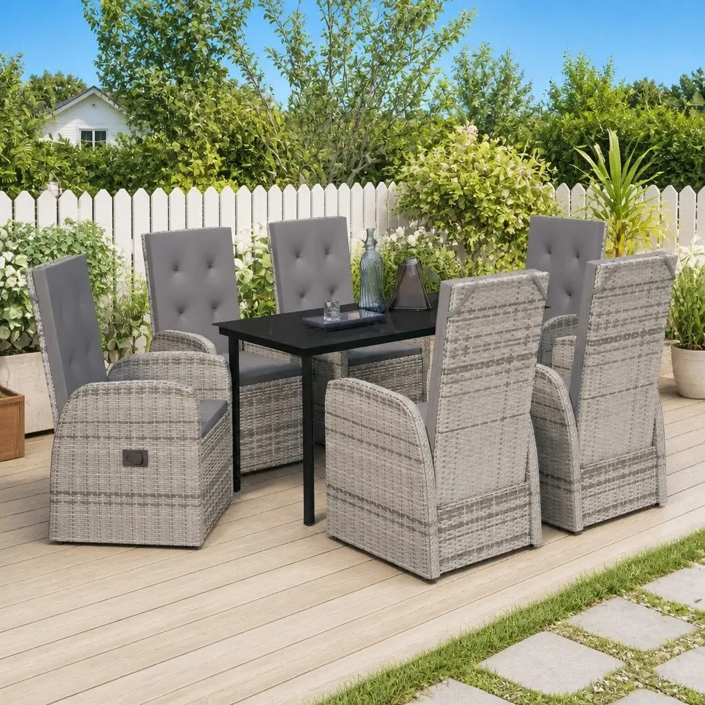 Garden Dining Set 7 Pieces Grey Rattan Chairs Glass Top Outdoor Patio Furniture